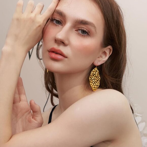Big Gold Hollow Out Boho Geometric Hook Statement Gold Leaf Dangle Earrings - Picture 4 of 7